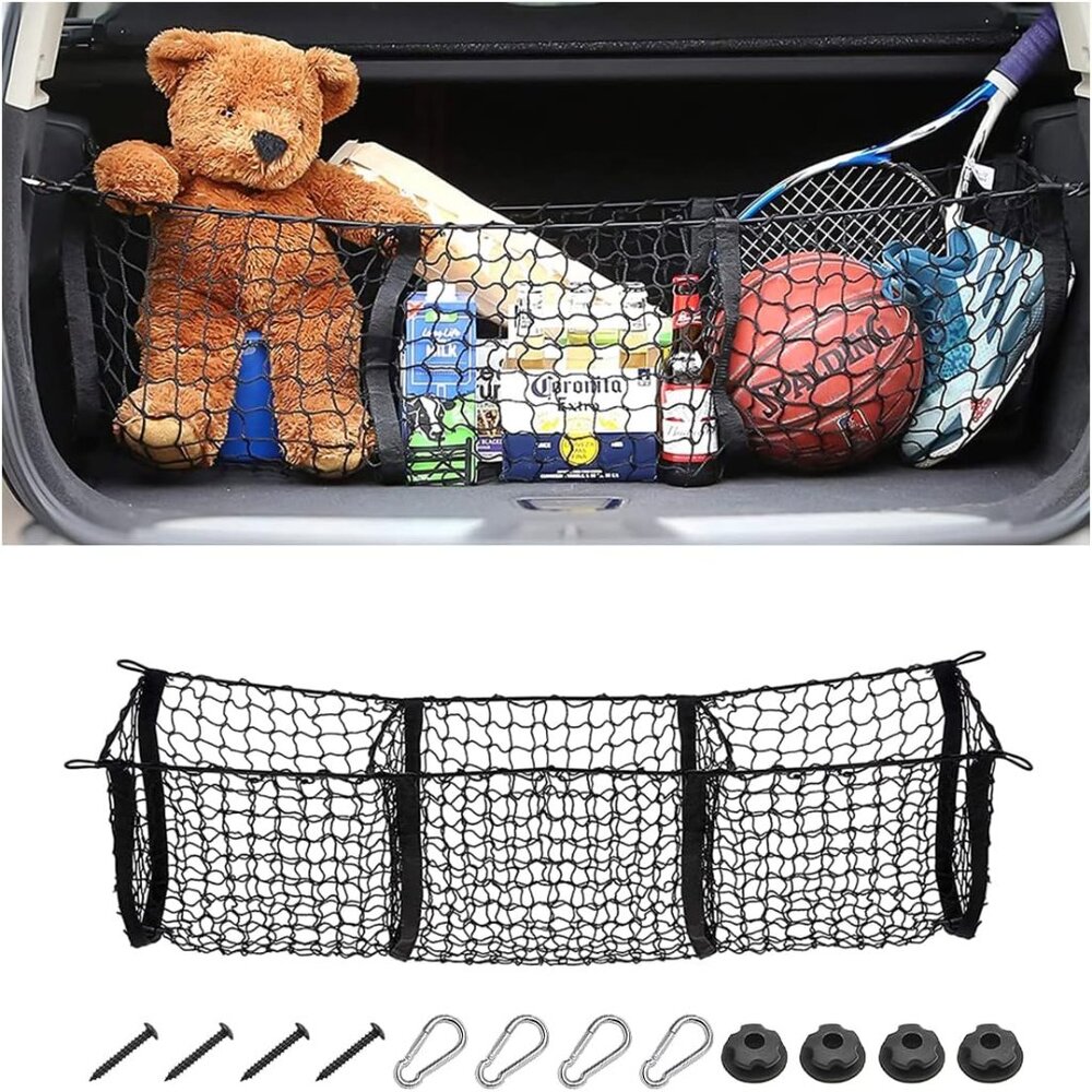 Cargo Net for Car, Expandable 3 Pocket Heavy-Duty Cargo Net Organizer, Black Mes